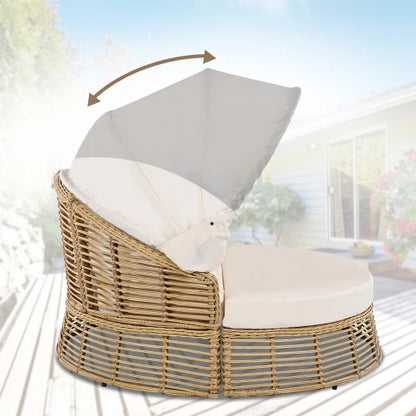 Outdoor terrace rattan circular sofa with retractable canopy, willow furniture circular poolside sofa with detachable cushion
