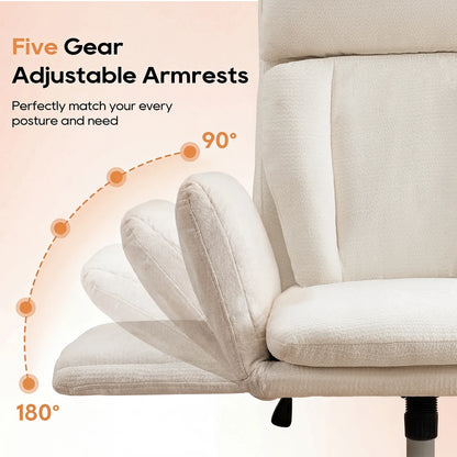 TCGBKAF Beige Big&Tall Office Chair with Flip Armrests Cross Legged Office Chair with Wheels Soft Chenille Executive Chair with Adjustable Lumbar Support Ergonomic Computer Desk Chair