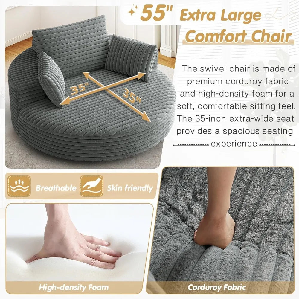 "Oversized 55 Inch Round Swivel Barrel Chair - 360 Degree Corduroy Upholstered Comfortable Chaise Lounge Chair for Indoor Use, M