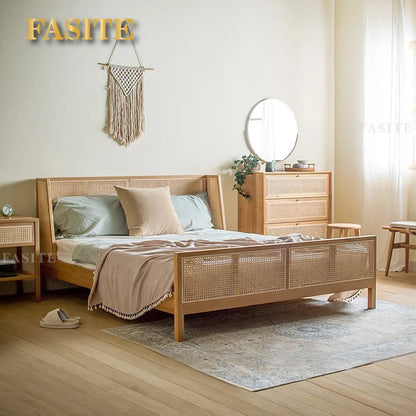Vine Weaving Bed Japanese Solid Wood Bed Small Family Homestay White Wax Wood Main Bedding 1.51.8m Household Simple Vine Art Bed
