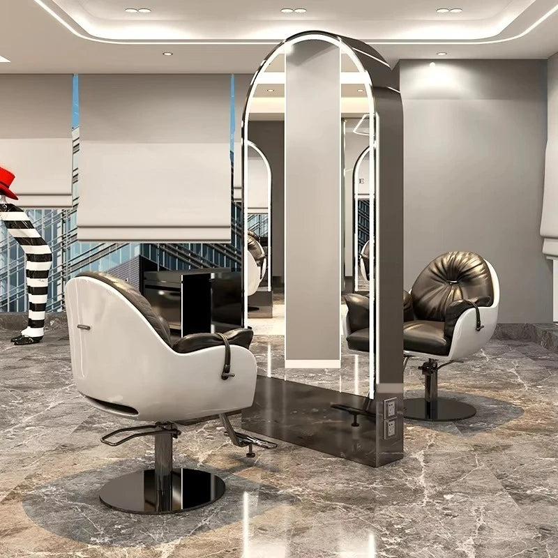 Salon Furniture Led Light Gold Frame Double Sided Barber Station Modern Hair Salon Mirrors Designs