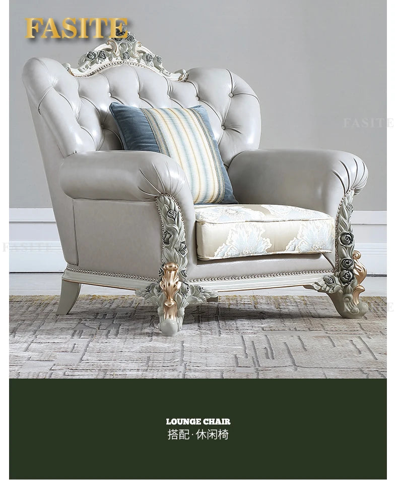 French light luxury living room large apartment first layer cowhide European solid wood carving flower three sofa combination