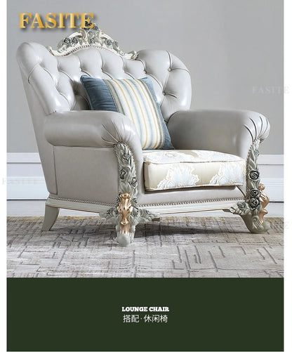 French light luxury living room large apartment first layer cowhide European solid wood carving flower three sofa combination
