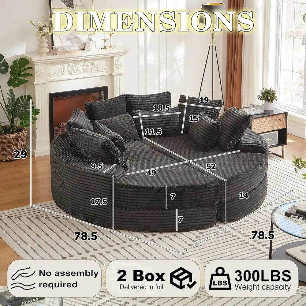 Oversized Corduroy Sofa with Recliners, 2-in-1 Bed, Lounge Chair, Neck Pillow, 5 Throw Pillows (Black)