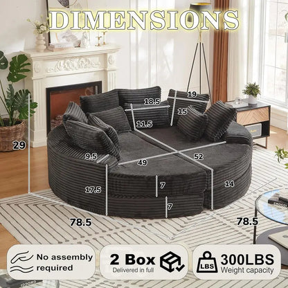 Oversized Corduroy Sofa with Recliners, 2-in-1 Bed, Lounge Chair, Neck Pillow, 5 Throw Pillows (Black)