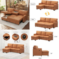 3-in-1 convertible sleeper sofa, faux leather modern l-shape couch, living room pull-out sectional futon bed