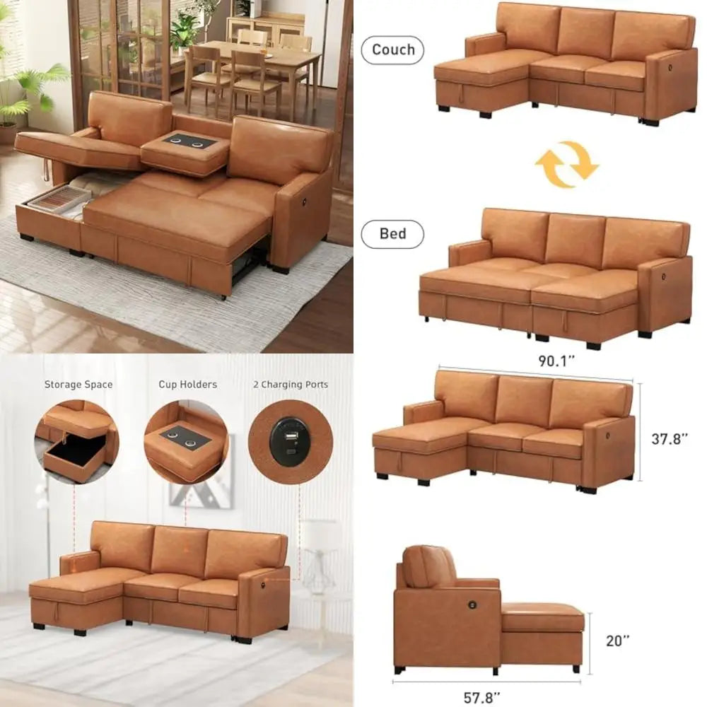 3-in-1 convertible sleeper sofa, faux leather modern l-shape couch, living room pull-out sectional futon bed