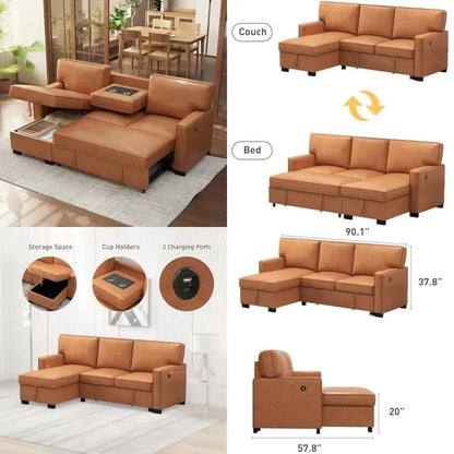 3-in-1 convertible sleeper sofa, faux leather modern l-shape couch, living room pull-out sectional futon bed