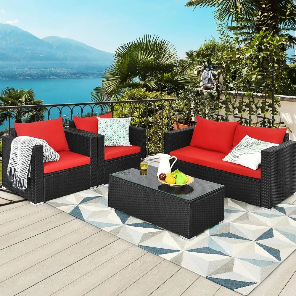 4-Piece Patio Rattan Furniture Set, Cushioned Sofa Chair, Loveseat and Coffee Table with Tempered Glass Top, Outdoor Conversati