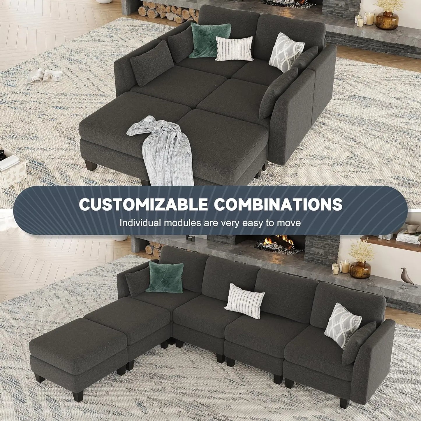 Convertible U Shaped Sofa Couch with High Density Memory Foam, 6 Seat Comfy Modular Sofa Couch for Living Room