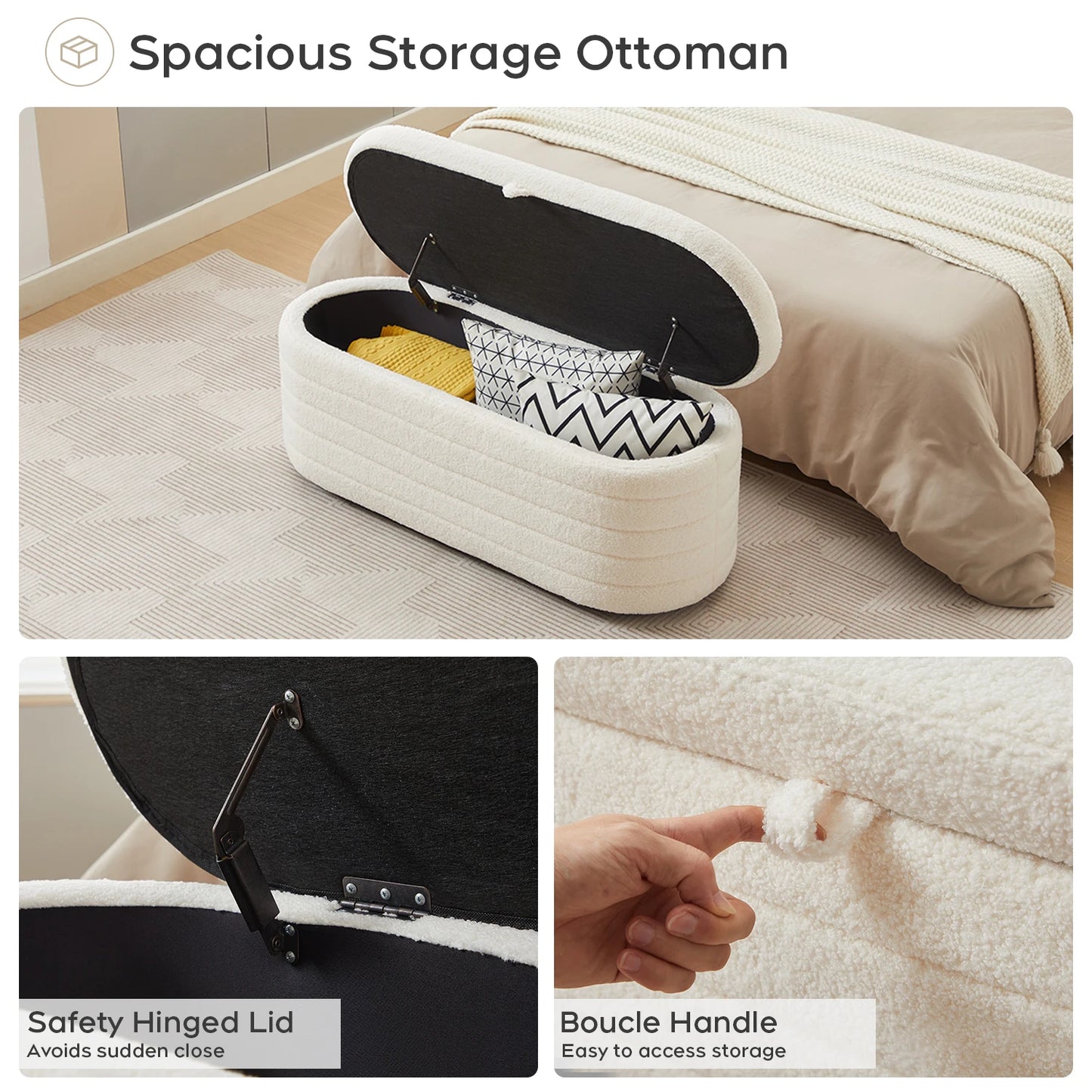 TODRANI 45" Storage Ottoman Bench, 300 Lb Capacity Teddy Upholstered, Safety Hinge, Flip-Top Oval Foot Rest With Foot Pads