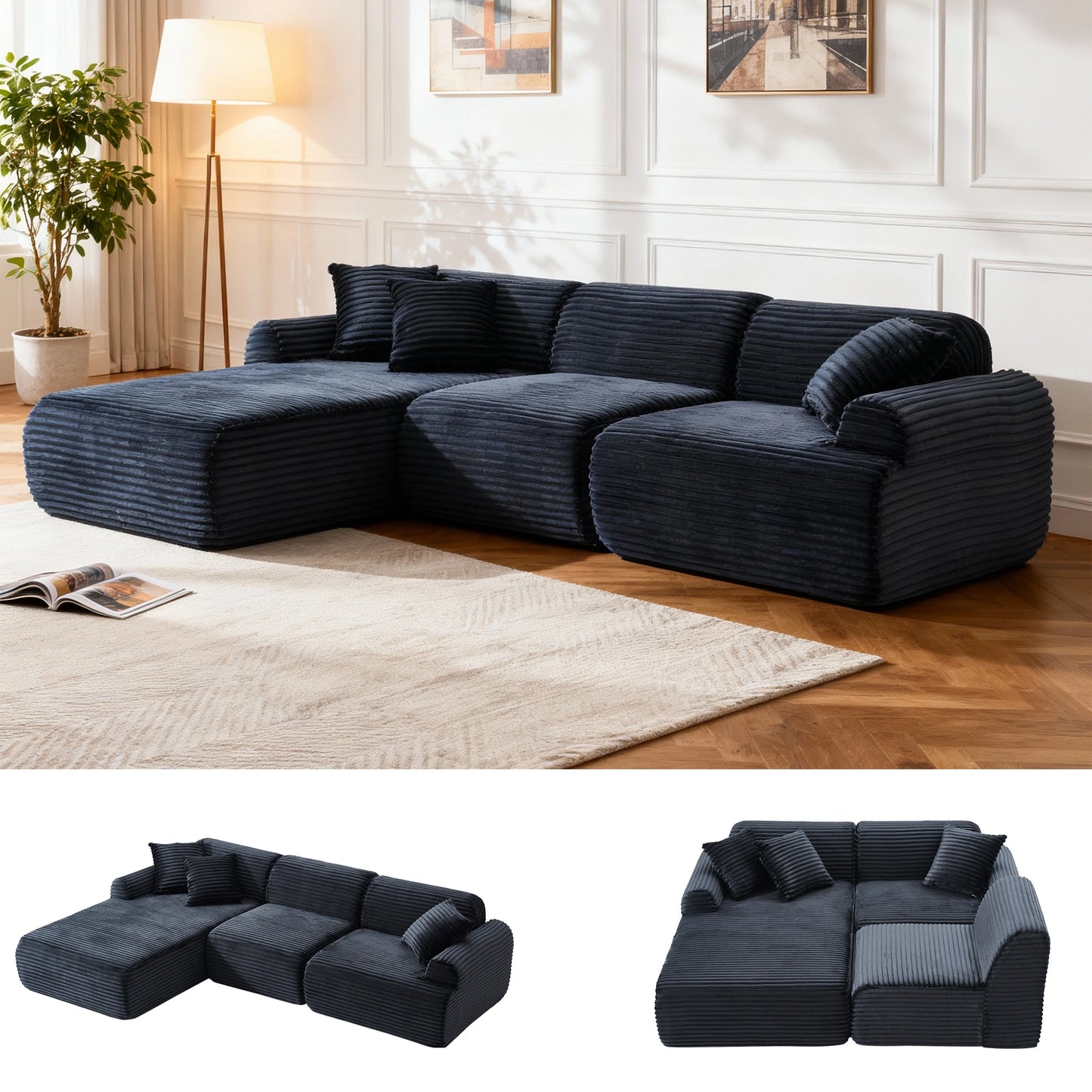 L-shaped oversized modular leather segmented sofa, leather deep seat modular corduroy sofa, suitable for families and big spaces