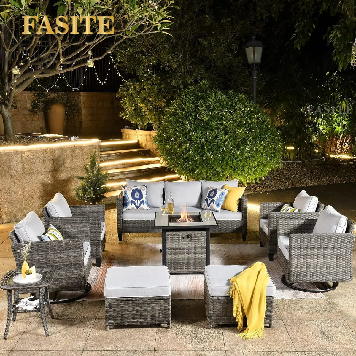 Patio Furniture Set with Fire Pit Table, Outdoor WickerSofa with Comfy Cushion, High Back Rattanfor Garden Backyard