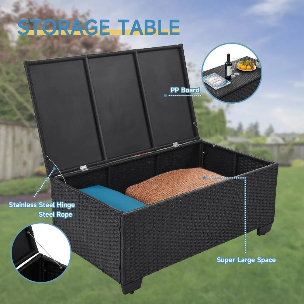 6 Pieces Outdoor Patio Furniture Sets with Furniture Cover, PE Rattan Wicker Patio Conversation Set with Tea Table (Peacock Blue