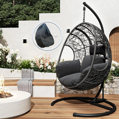 Hanging Egg Chair with Stand, Oversized Patio Swing Chair with Stand and Cushion, Hammock Wicker Rattan Lounge Chair