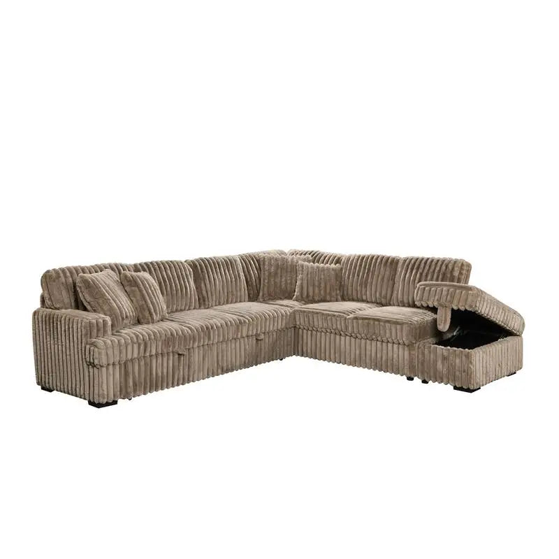 L-Shaped Corduroy Sleeper Sofa Bed with Storage Ottoman & Pull-Out Bed for Living Room, Brown Sectional Couch