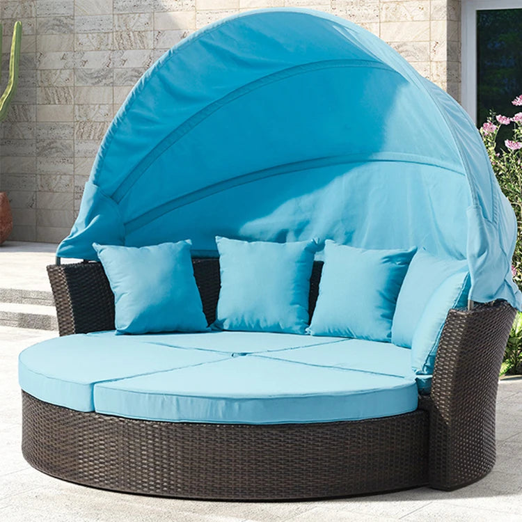 Aluminium Metal Outdoor Sun Lounger Day Bed with Canopy Wickrer Garden Sofa for Courtyard Beach Daybed for Hotel or Park