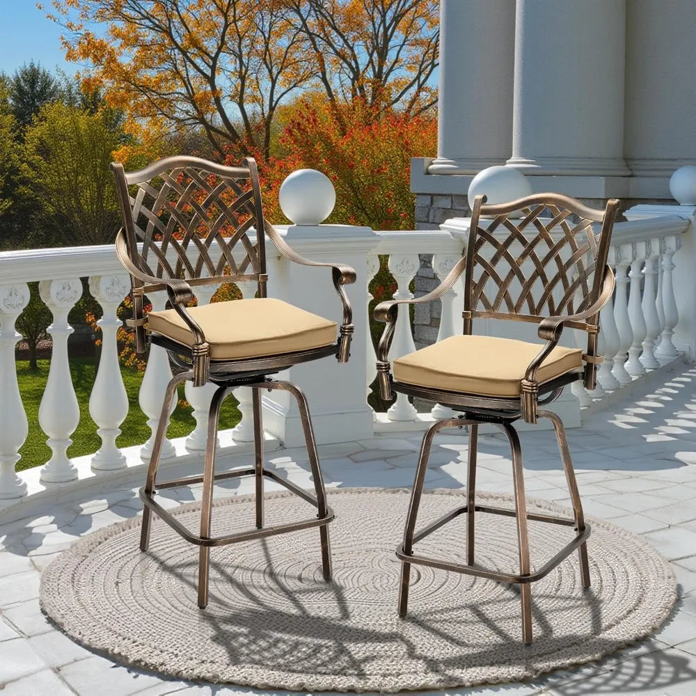 Outdoor Swivel Bar Stools Set of 2, Cast Aluminum All-Weather Patio Bar Height Chairs, Patio Bar Dining Chairs Outdoor Swivel P