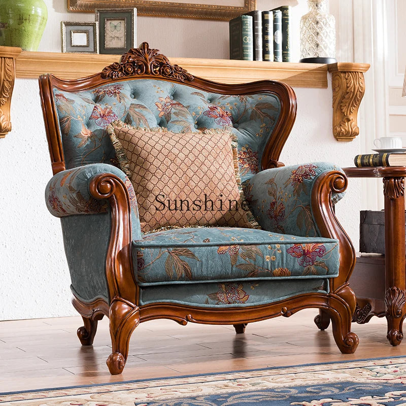 American-style all-solid wood fabric sofa combination three-person furniture set