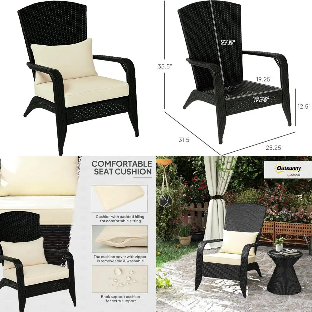 All-Weather Outdoor Wicker Adirondack Chair with Cushions, Fire Pit Friendly, Tall Curved Backrest, Comfortable Patio Furniture