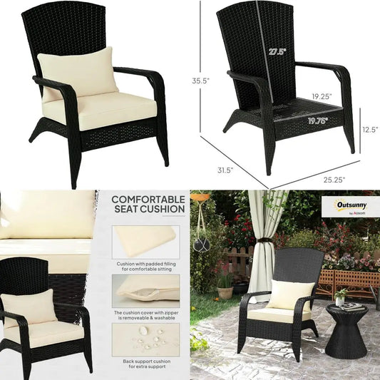 All-Weather Outdoor Wicker Adirondack Chair with Cushions, Fire Pit Friendly, Tall Curved Backrest, Comfortable Patio Furniture