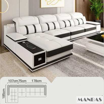 Modern Genuine Leather Sofa Living Room By MANBAS - Stylish Italian Couch with Bluetooth Speaker, USB & Adjustable Headrests