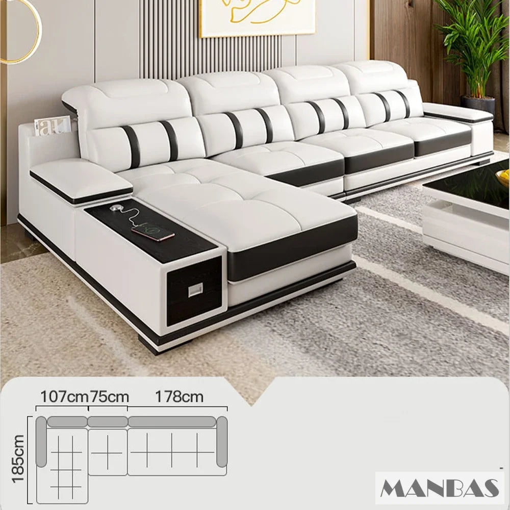 Modern Genuine Leather Sofa Living Room By MANBAS - Stylish Italian Couch with Bluetooth Speaker, USB & Adjustable Headrests
