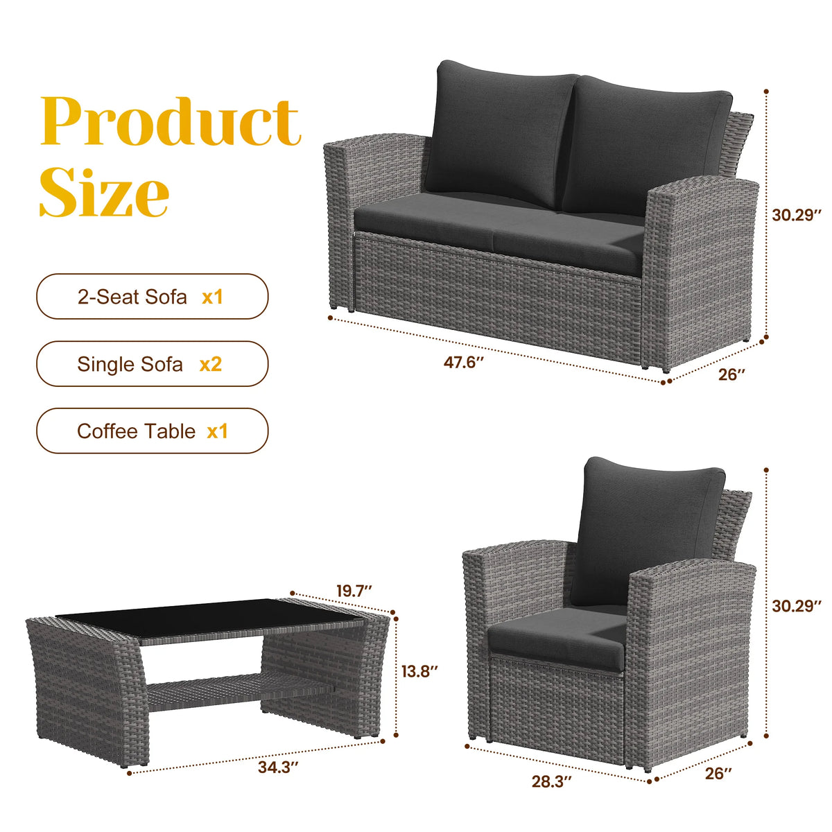 Extra Wide Armrest Outdoor Sofa Chair Modular Patio Sectional with Cushion Set Waterproof Garden Lounge Furniture for Terrace