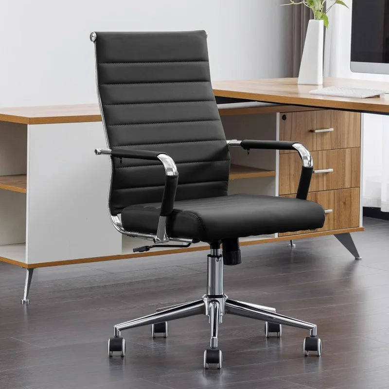 Black Conference Room Chairs, Modern Ergonomic PU Leather Office Desk Chair Ribbed for Office, High Back Executive Swive