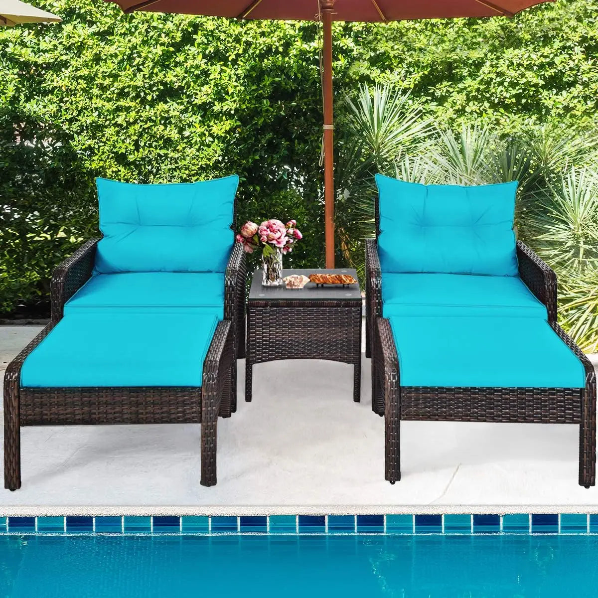 5Pieces Patio Furniture Set Outdoor Rattan Wicker Conversation Set with Coffee Table Cushioned Sofas and Ottoman Chat Set for G