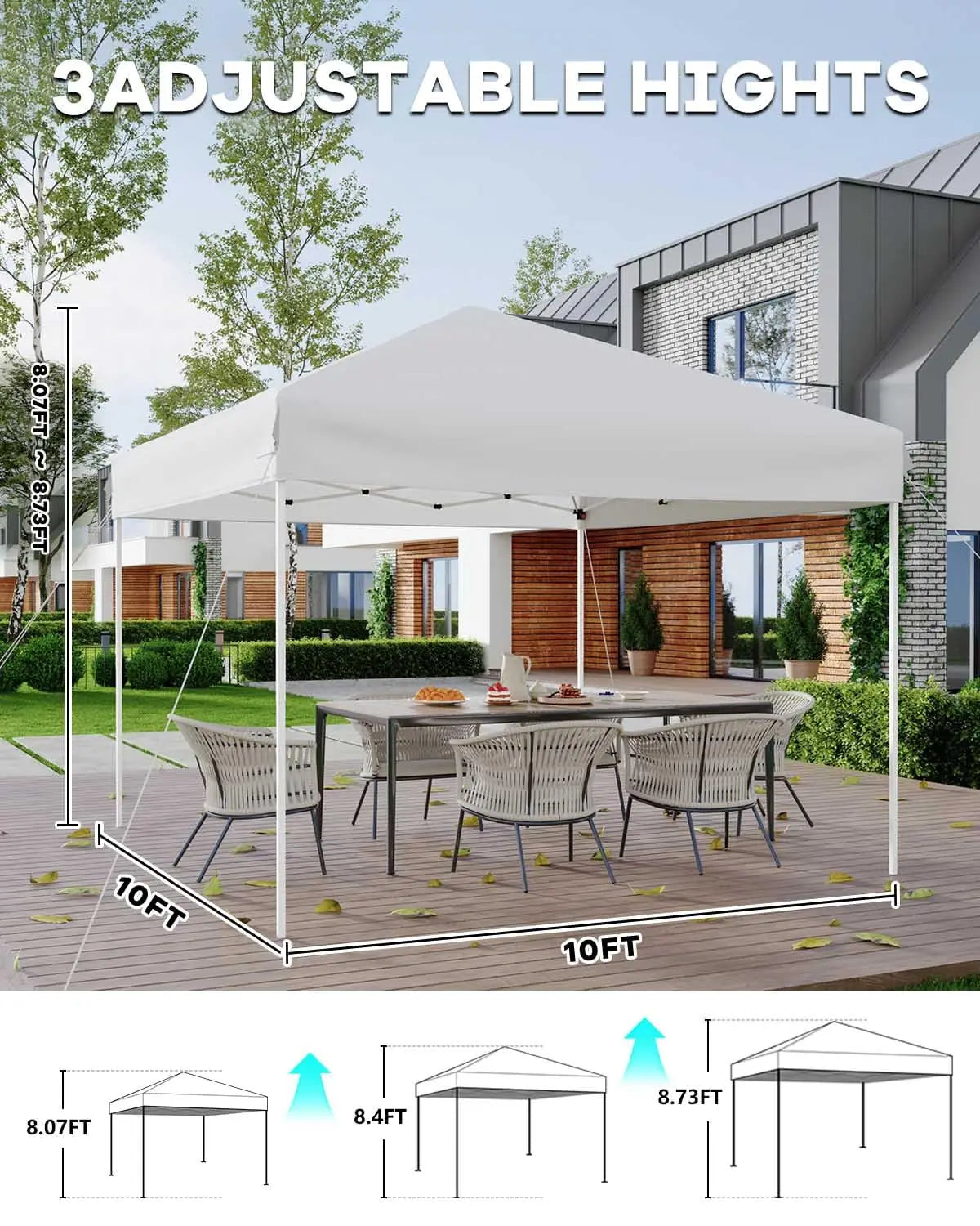 10x10 FT Pop Up Canopy Tent with 3 Adjustable Heights – Outdoor Sun Shade Shelter, 4 Sandbags & Carry Bag, for Parties & Events