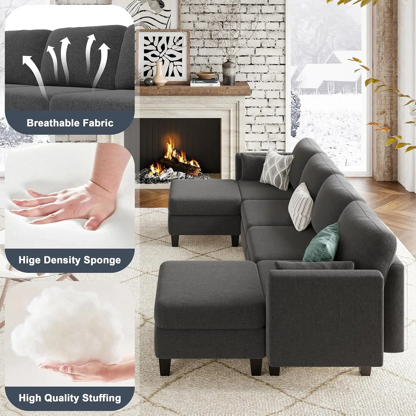Convertible U Shaped Sofa Couch with High Density Memory Foam, 6 Seat Comfy Modular Sofa Couch for Living Room