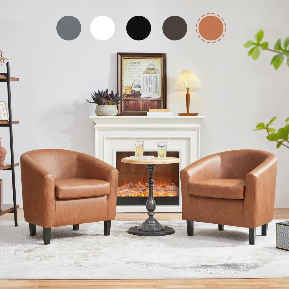 Brown Accent Chairs Set Of 2 Faux Leather Barrel Chairs Comfy Modern Leather Club Armchairs With Soft Seat For Living Room