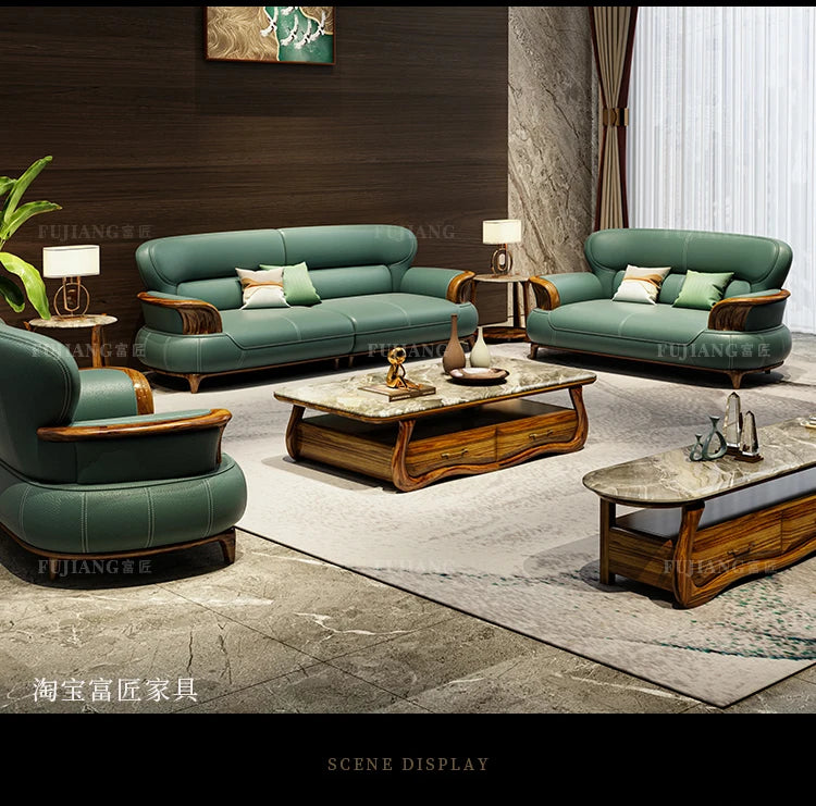 Leather sofa modern high-end villa living room 123 combination solid wood furniture simple and modern