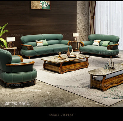 Leather sofa modern high-end villa living room 123 combination solid wood furniture simple and modern