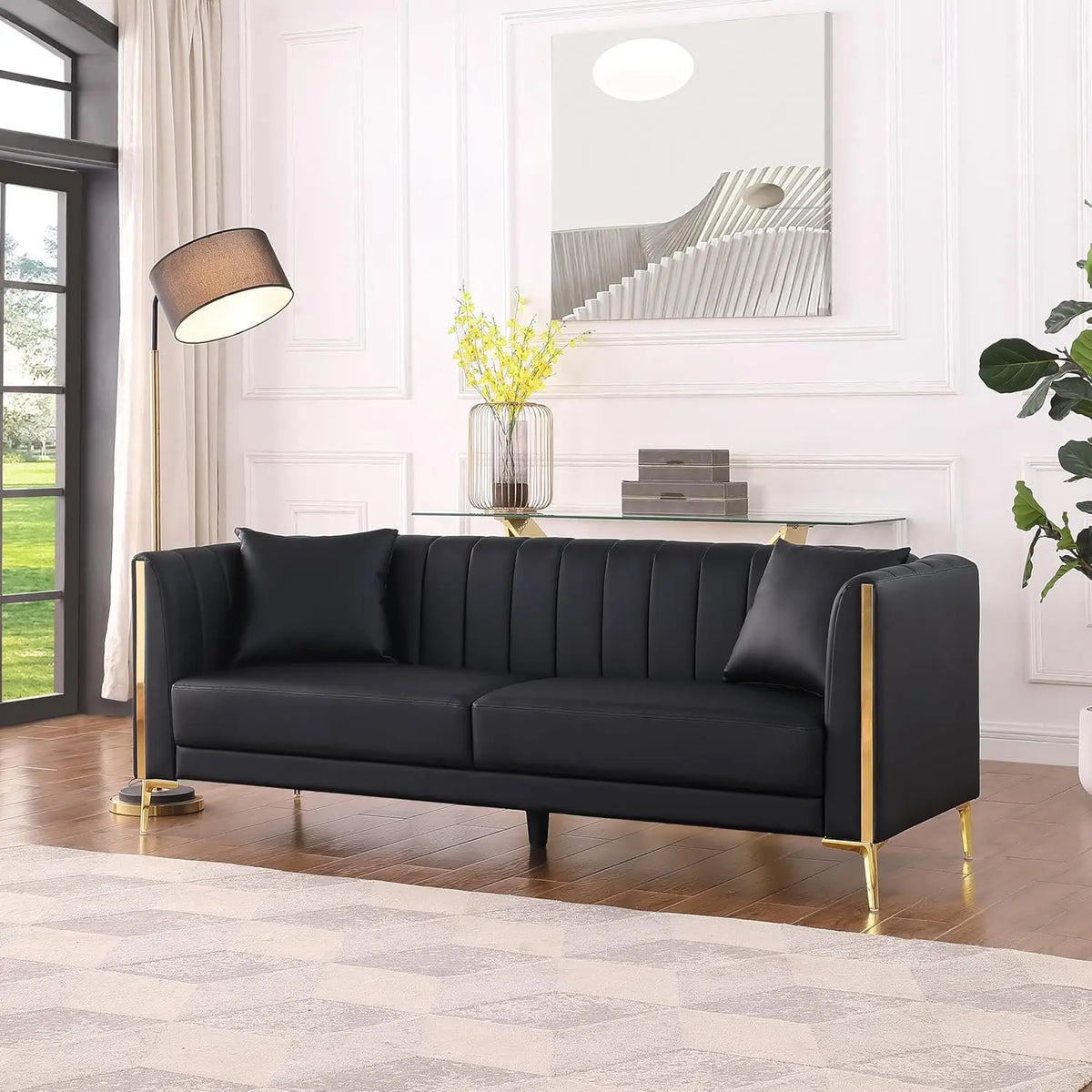 78'' Sofa, Black Couches for Living Room, Comfy Sofas Faux Leather Sofa 3 Seater Couches with 2 Throw Pillows and Gold Metal