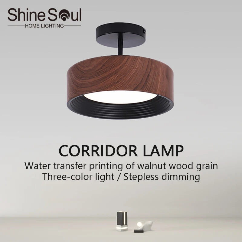 Nordic LED Ceiling Light Circular Walnut Wood Grain Aisle Light Dressing Room Corridor Balcony Decoration Indoor Ceiling Lamp