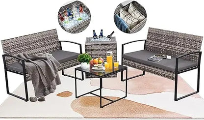 4 Piece Outdoor Patio Furniture Set with Built-in Beverage Cooler Storage Box, Wicker Conversation Sets Patio Outdoor Loves