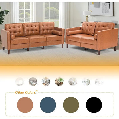 Brown Premium 3-Seater Faux Leather Sofa with Tufted Back & 2 Pillows for Living Spaces