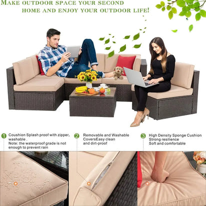 6 Piece Patio Furniture Set, Small Outdoor Sectional Sofa Couch, All Weather PE Wicker L-Shaped Corner Patio Sofa Garden Backya