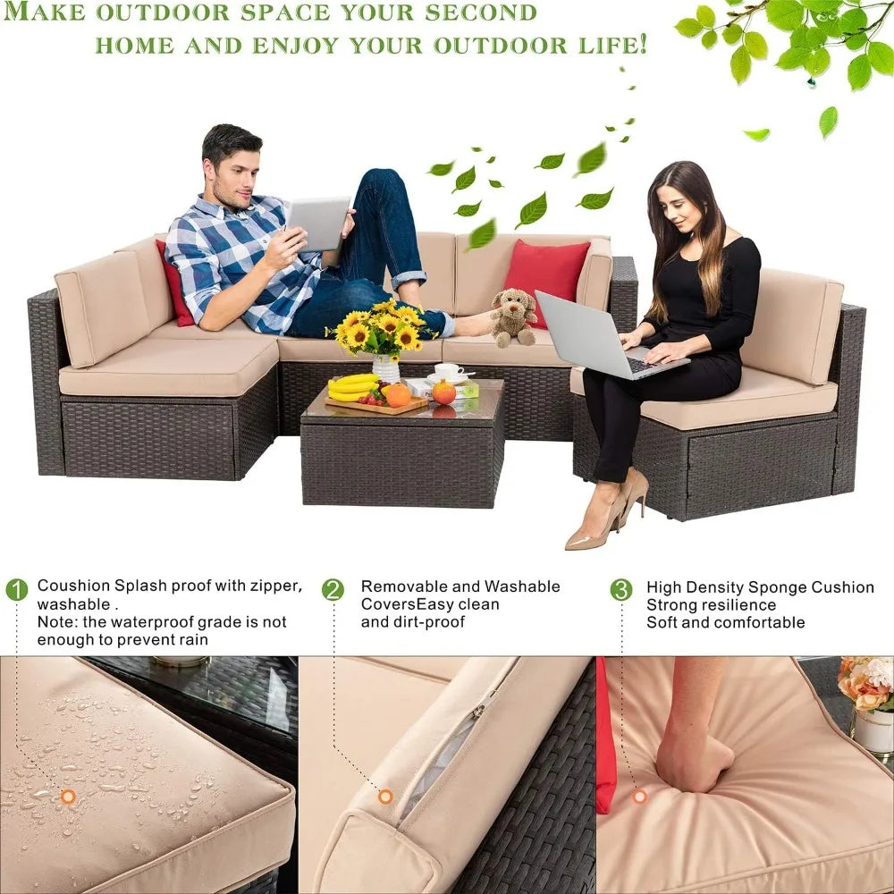6 Piece Patio Furniture Set, Small Outdoor Sectional Sofa Couch, All Weather PE Wicker L-Shaped Corner Patio Sofa Garden Backya
