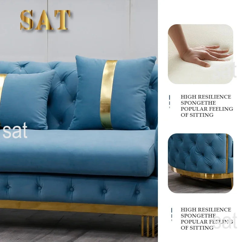 -Luxury Gold Legs Stainless Steel Blue Button Tufted Velvet Chesterfield Sofa Set 3 2 Seater SofaLiving Room Couch Set Furniture