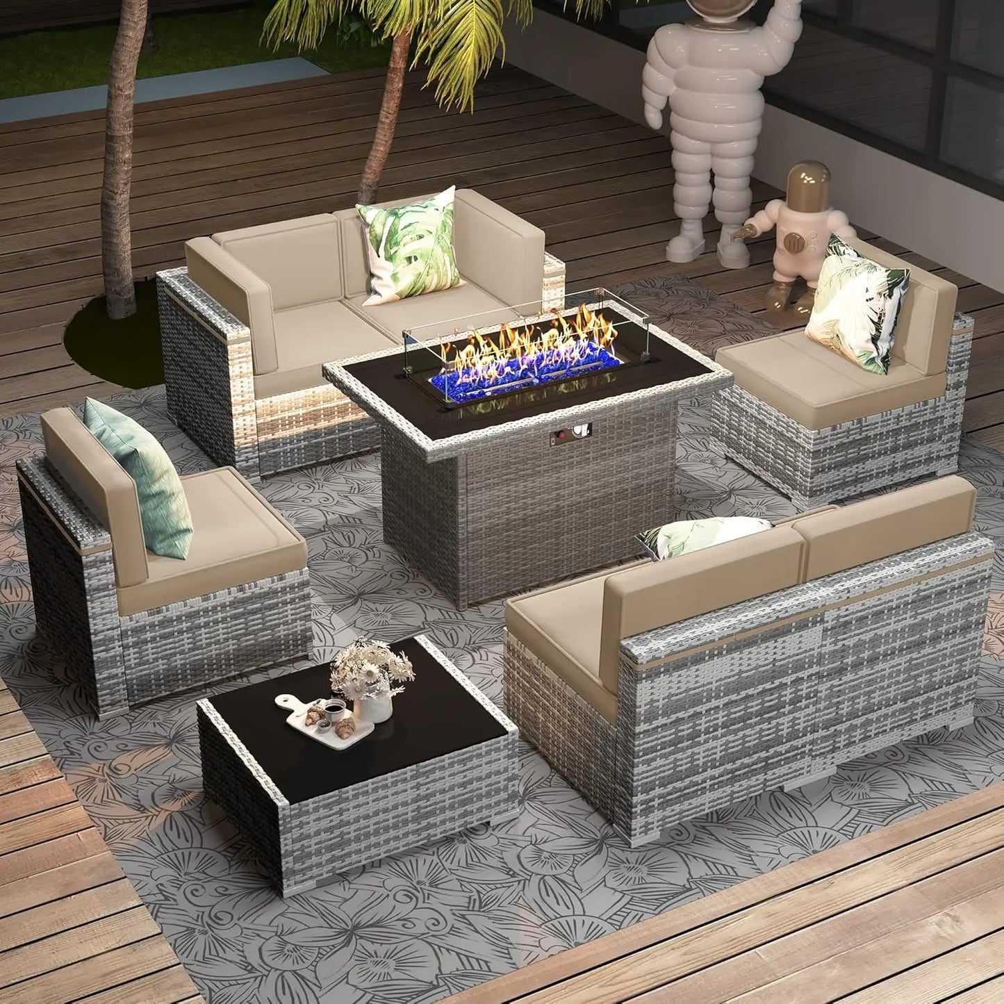 8 Pieces Patio Furniture Set with 44"  Fire Pit Table, Outdoor Sectional Wicker Conversation Sofa Sets with Coffee Table