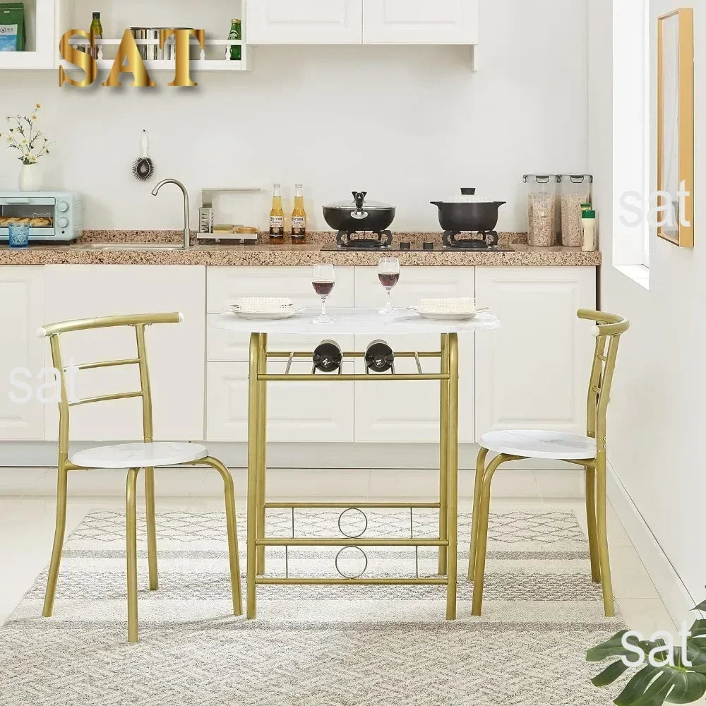 v 3 Piece Small Round Dining Table Set for Kitchen Breakfast Nook, Wood Grain Tabletop with Wine Storage Rack, Save Space, 31.