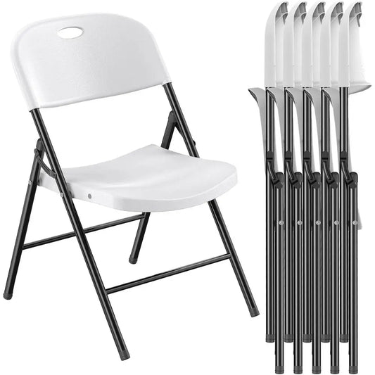 6-Pack Heavy-Duty Plastic Folding Chairs with Reinforced Steel for Indoor/Outdoor Use - White
