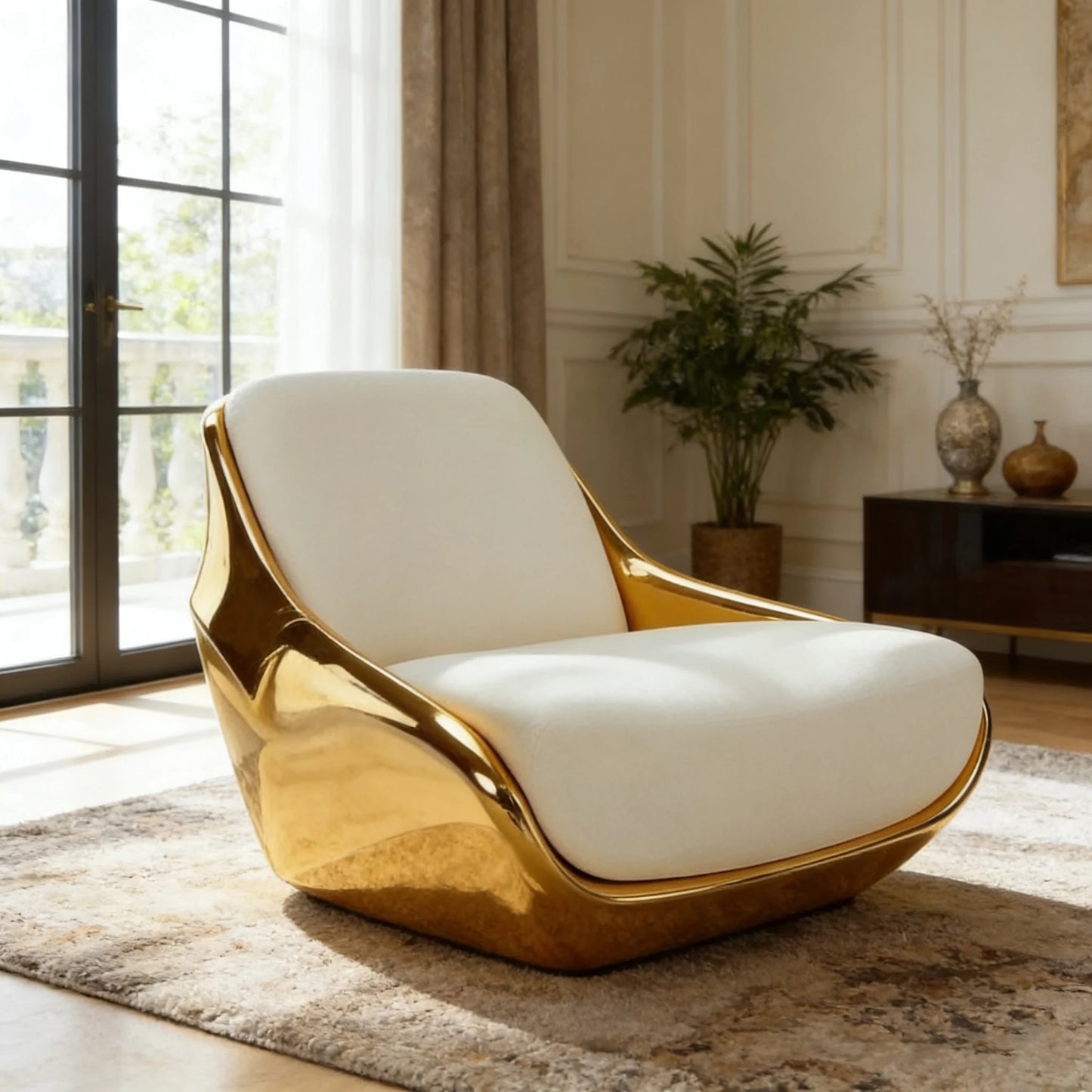 High-End Glamorous Accent Chair with Gold Fiberglass and White Upholstery for Upscale Home Interiors