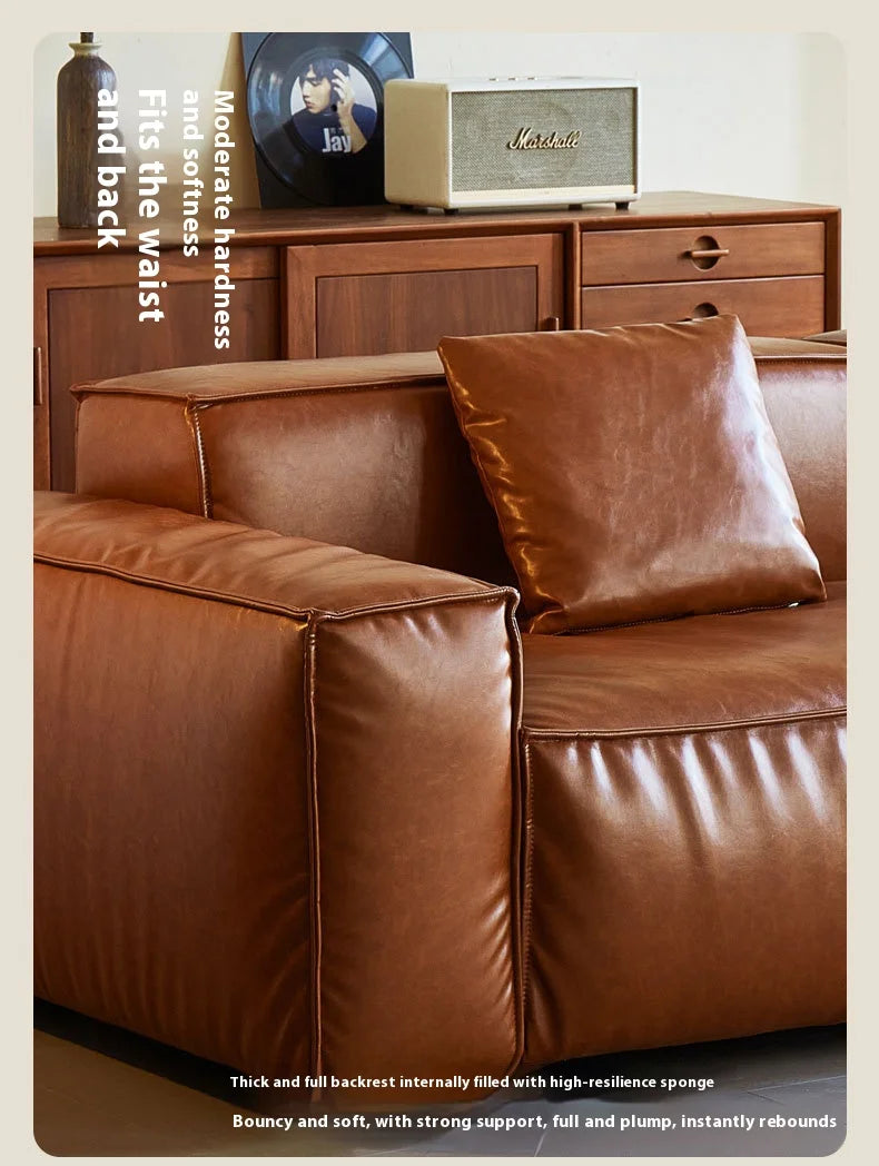 French Vintage Three-Person Genuine Leather Sofa Set in Ancient Caramel Tone for Small Living Rooms or Apartments