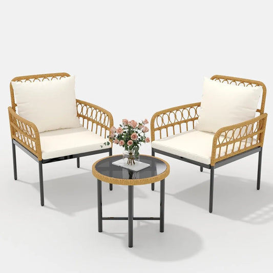 3 pieces outdoor patio furniture set with table, all weather rattan chair parlor set, 2 cushioned wicker chairs and glass coffe