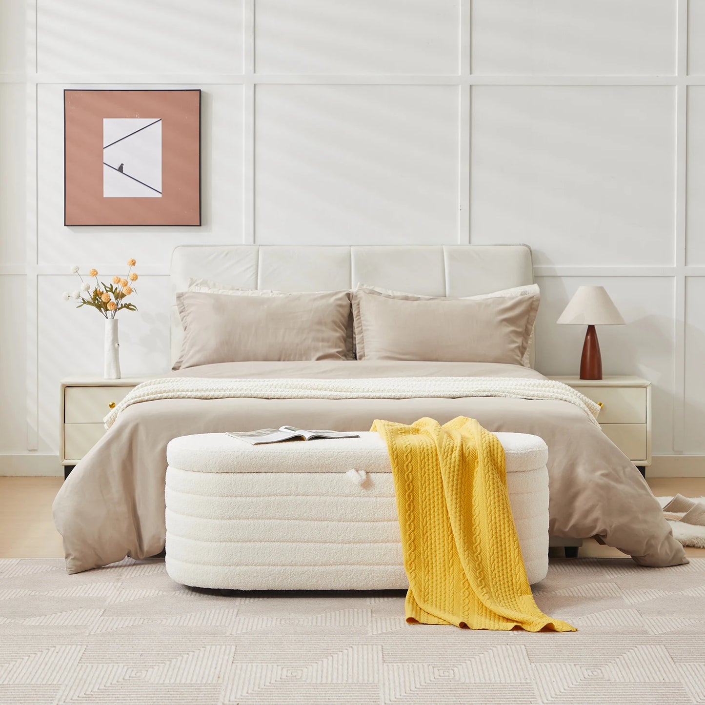 TODRANI 45" Storage Ottoman Bench, 300 Lb Capacity Teddy Upholstered, Safety Hinge, Flip-Top Oval Foot Rest With Foot Pads