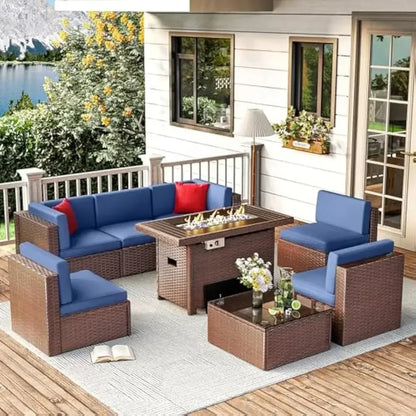 /Outdoor Patio Furniture 8 Pieces Set with 40" Fire Pit Table, Wicker Rattan Sectional Conversation Set with Coffee Table